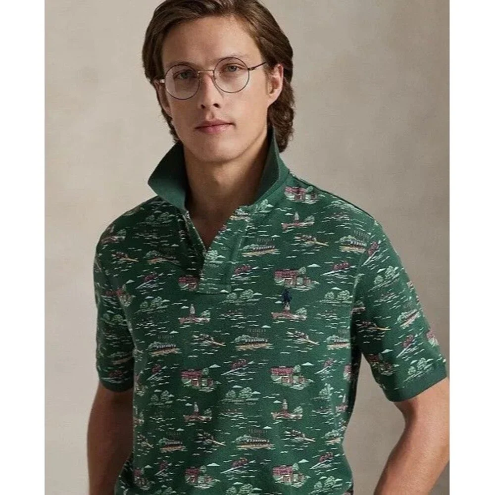 NWT Polo Ralph Lauren Scenic Row Team Size Medium Mens Green AOP Shirt All Over